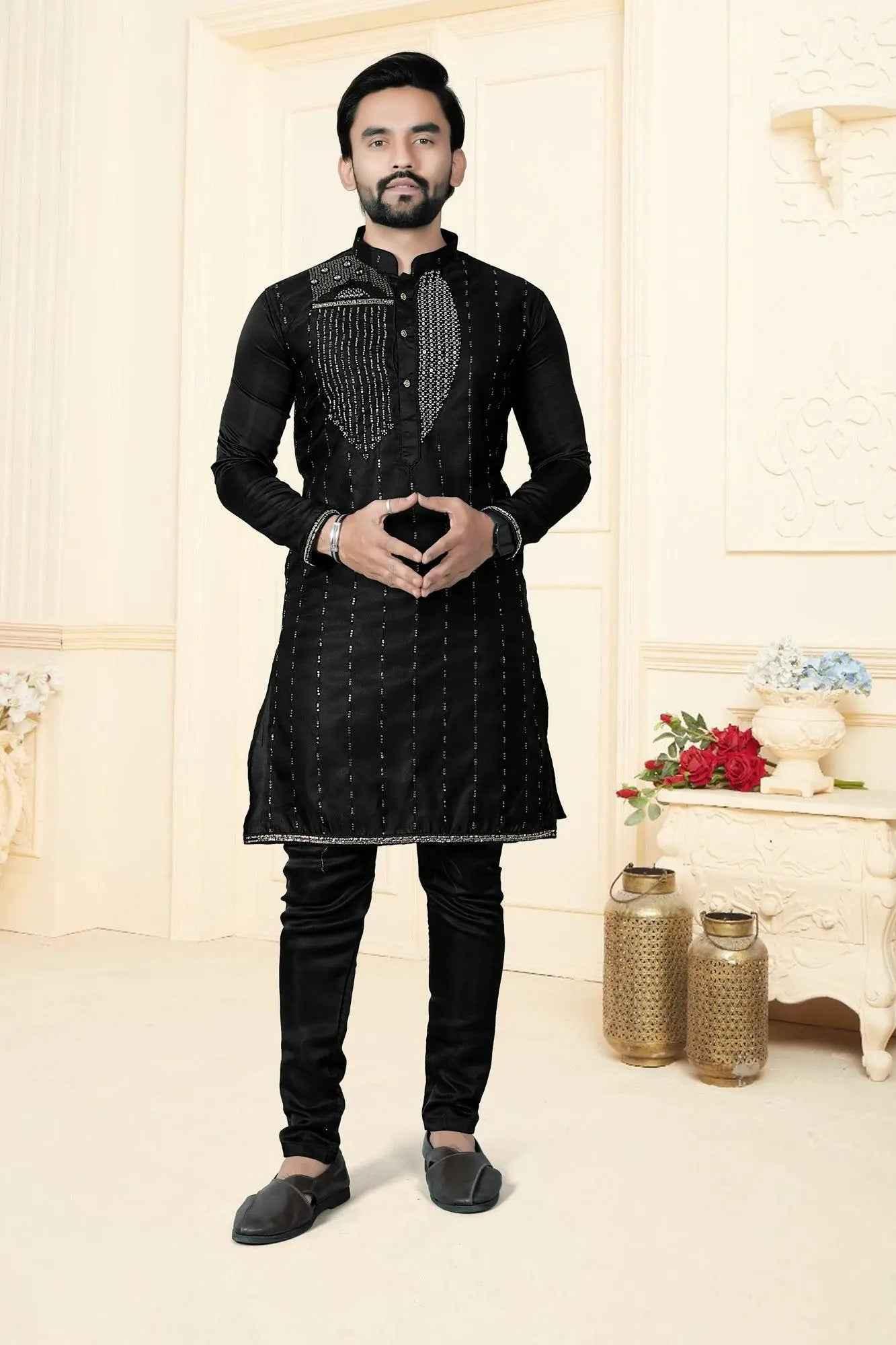 Designer Black Party Wear Kurta Pyjama with Stone Work - DILBAR KURTA