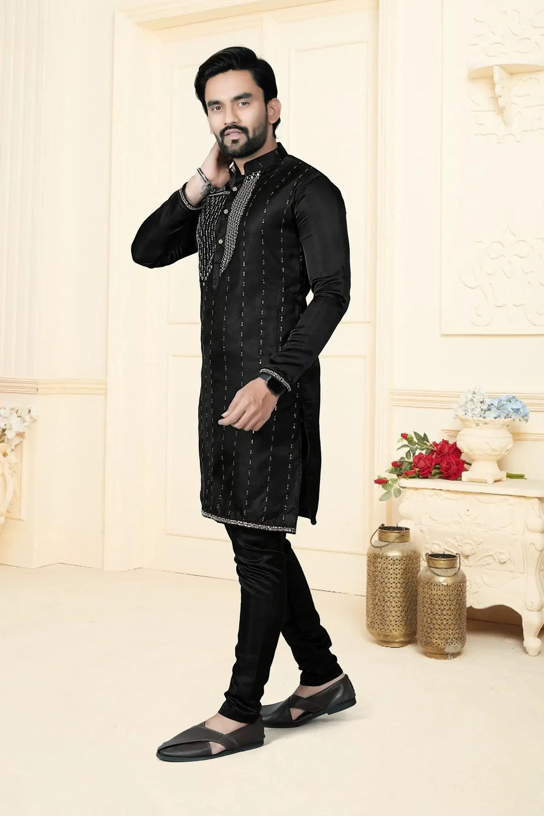 Designer Black Party Wear Kurta Pyjama with Stone Work - DILBAR KURTA