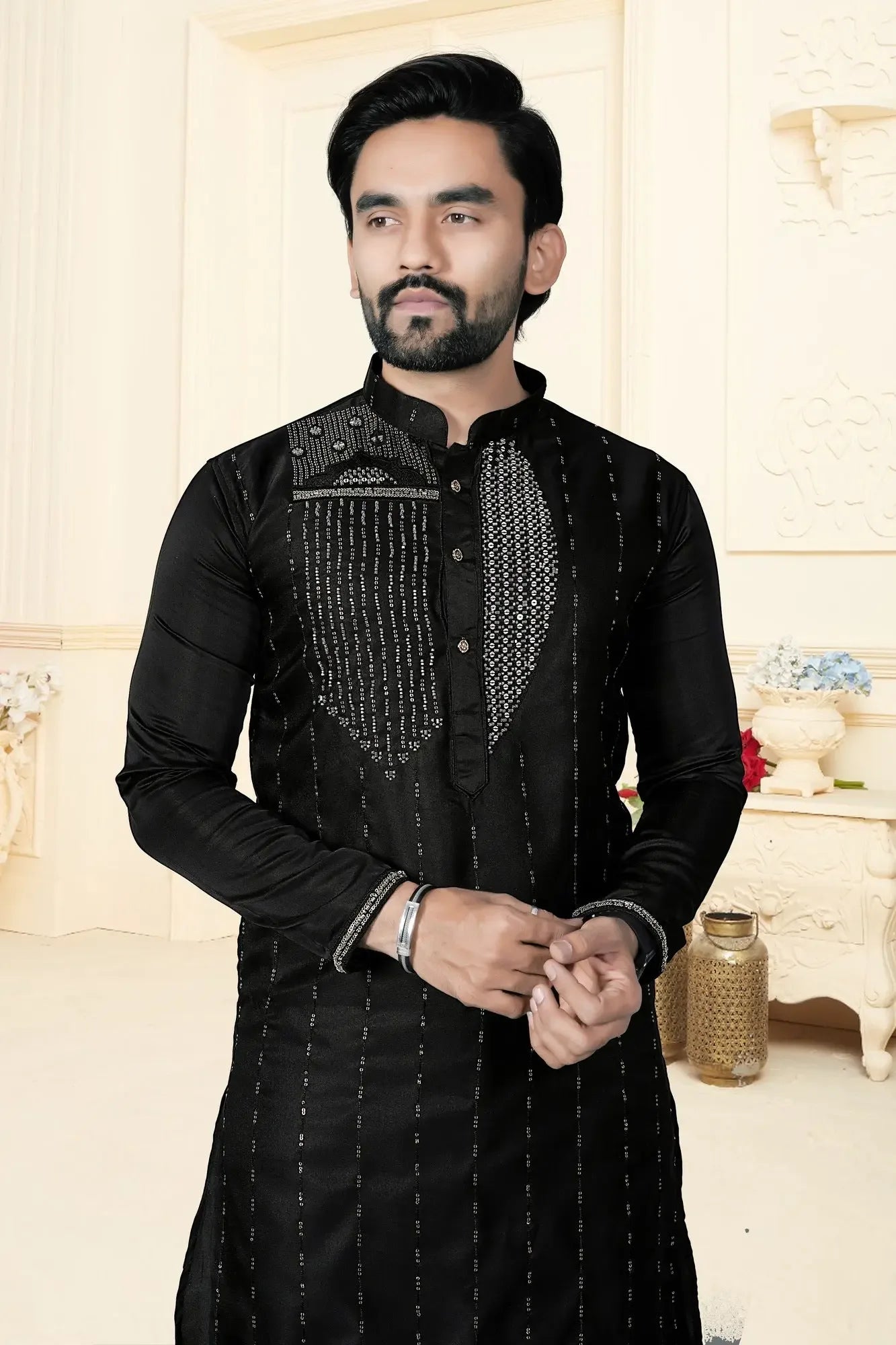 Designer Black Party Wear Kurta Pyjama with Stone Work - DILBAR KURTA