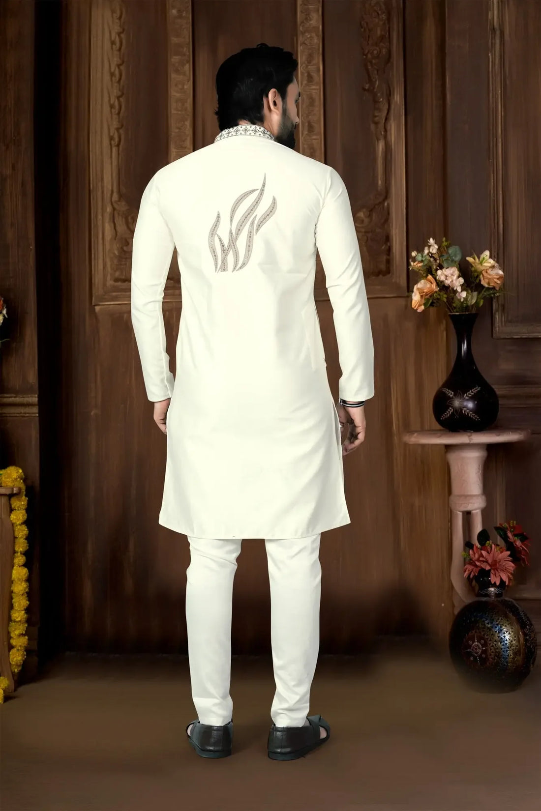 Off-White Designer Embroidered Kurta Pyjama for Festive Wear - DILBAR KURTA