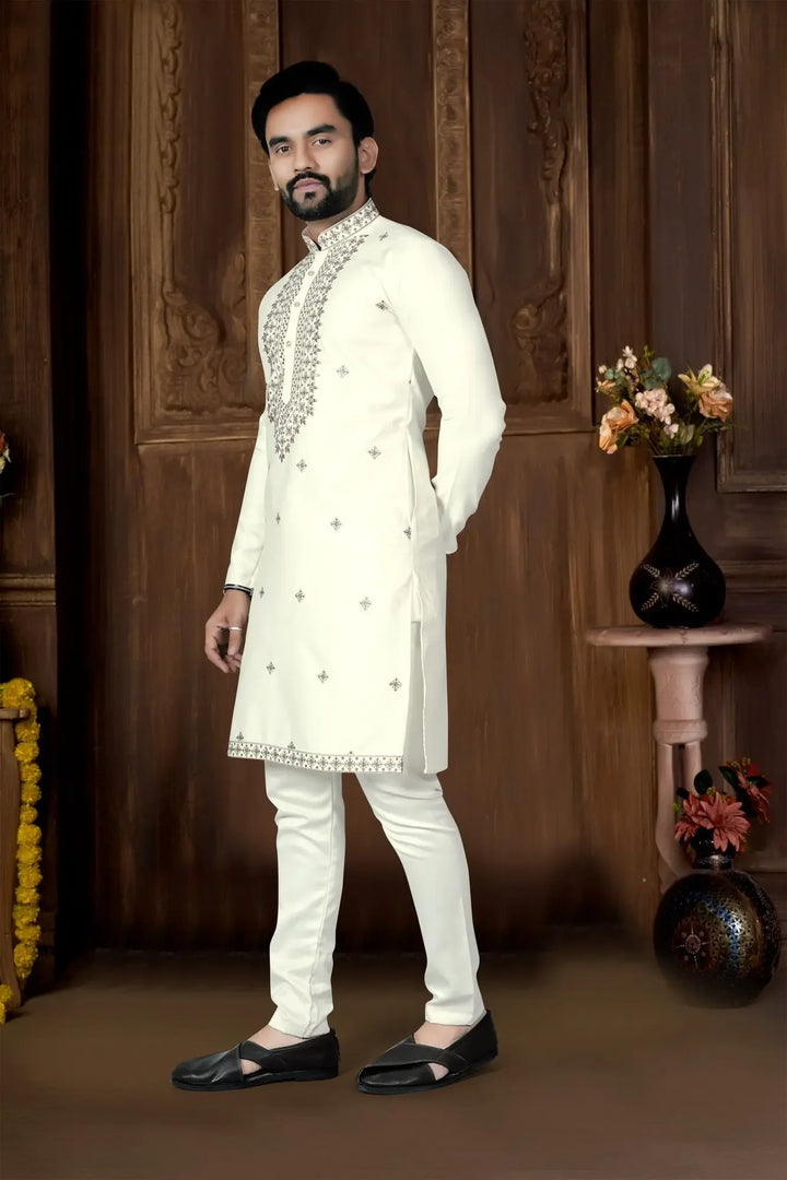 Off-White Designer Embroidered Kurta Pyjama for Festive Wear - DILBAR KURTA