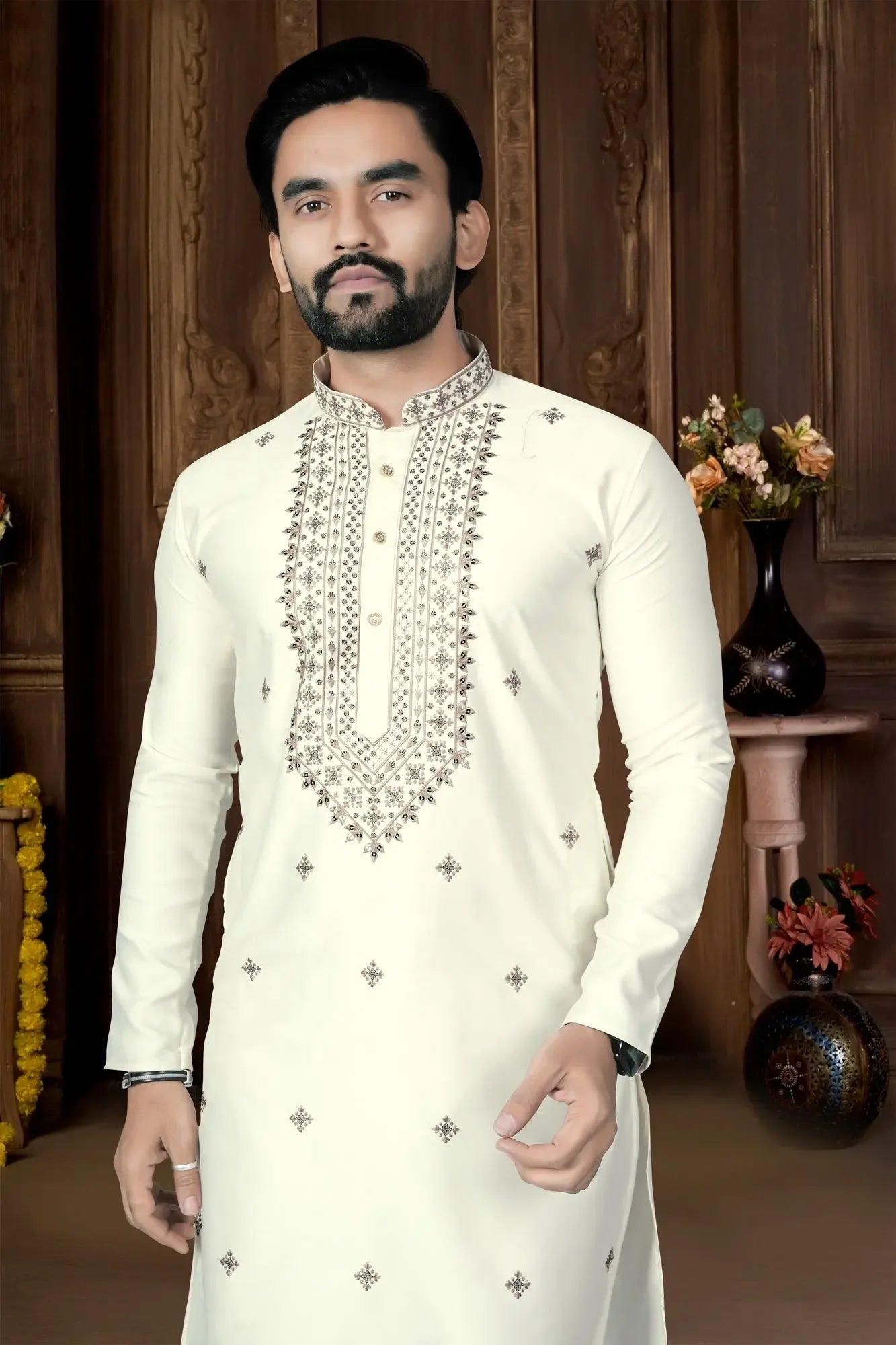Off-White Designer Embroidered Kurta Pyjama for Festive Wear - DILBAR KURTA