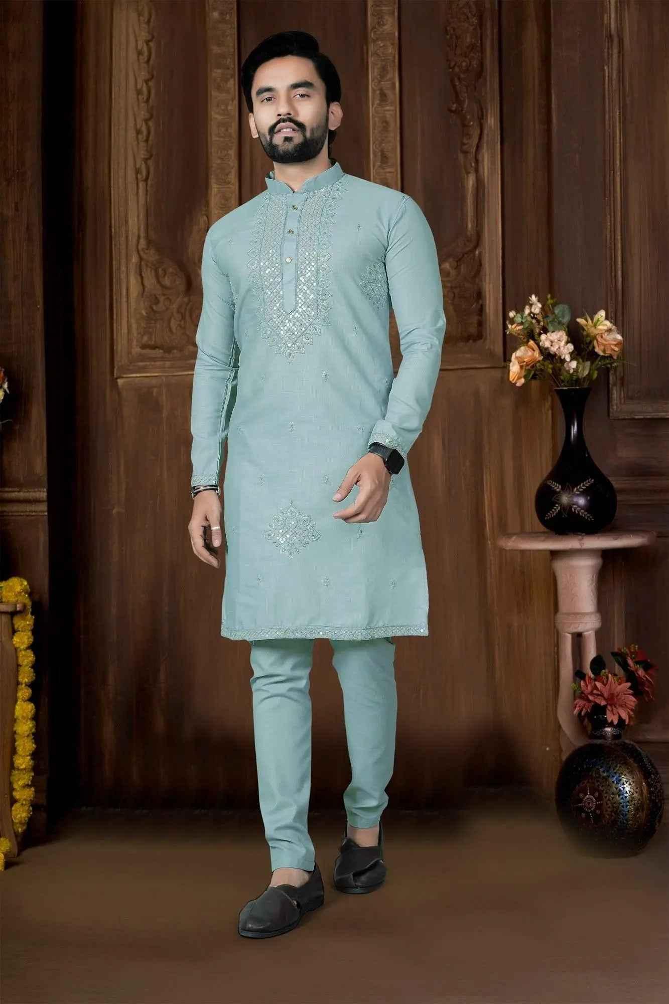 Mint Green Embroidered Festive Kurta Pyjama for Men - DILBAR KURTA