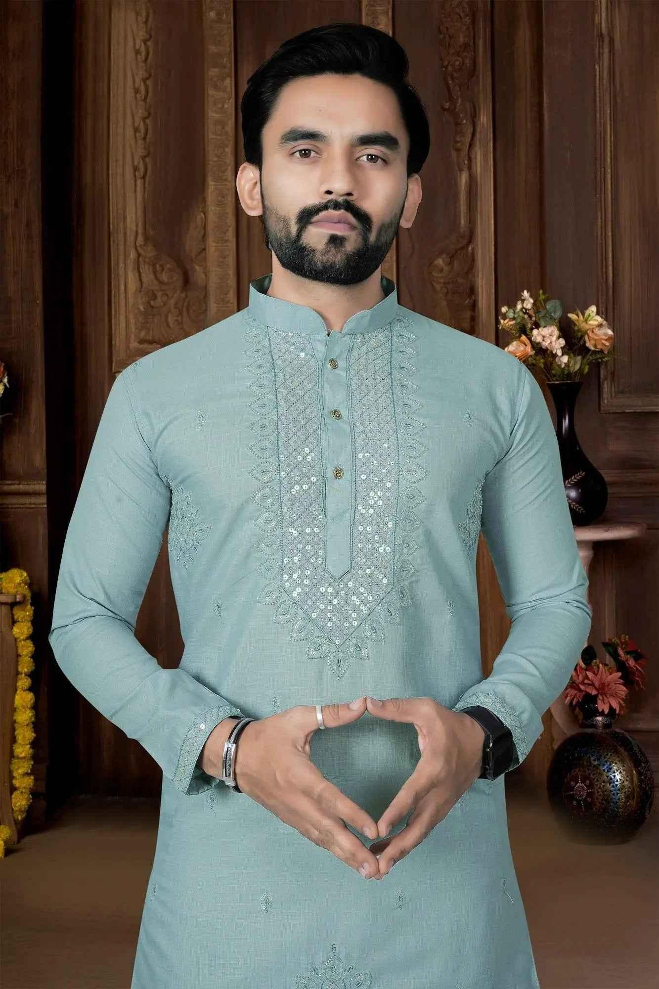 Mint Green Embroidered Festive Kurta Pyjama for Men - DILBAR KURTA