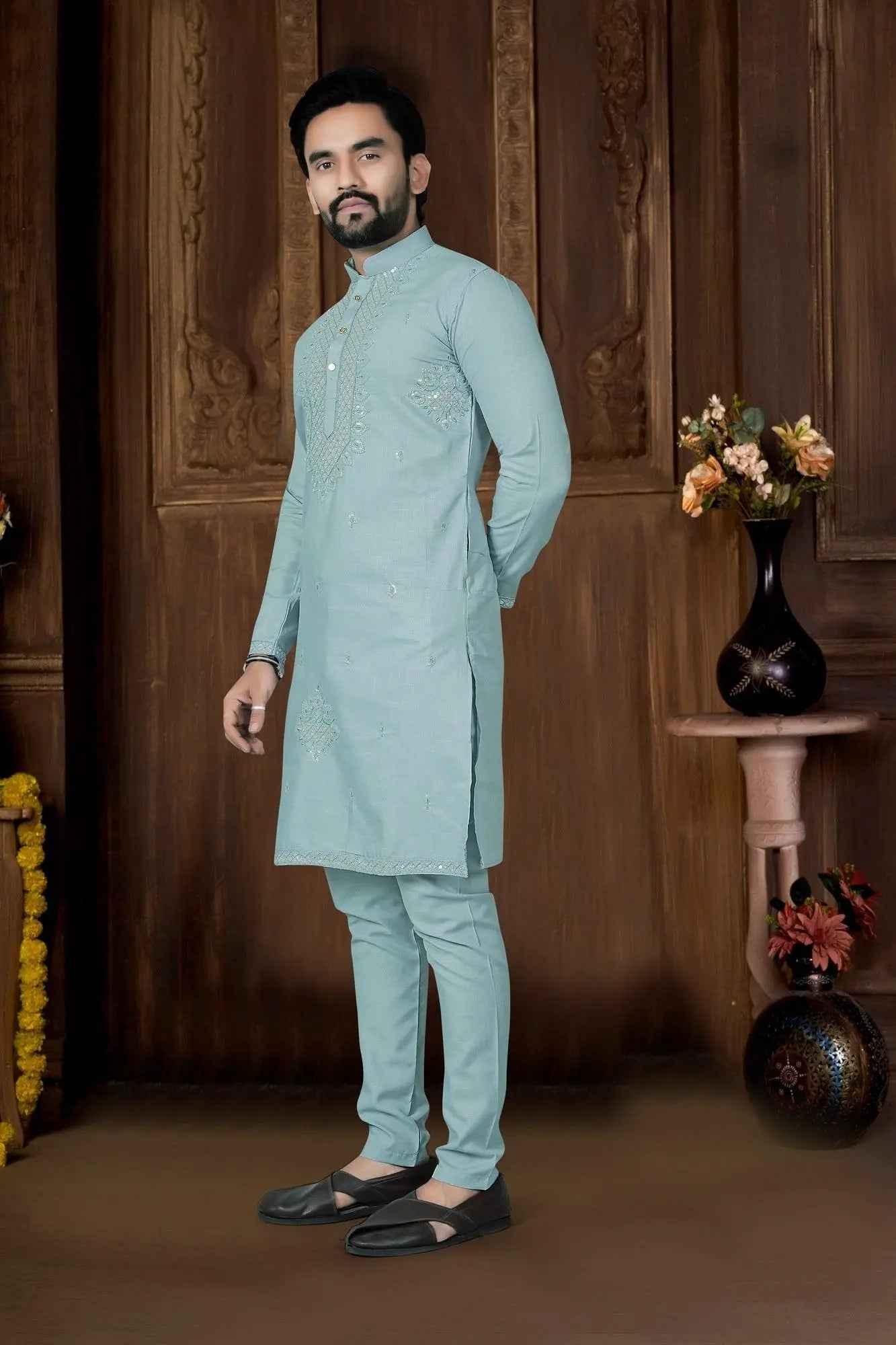 Mint Green Embroidered Festive Kurta Pyjama for Men - DILBAR KURTA