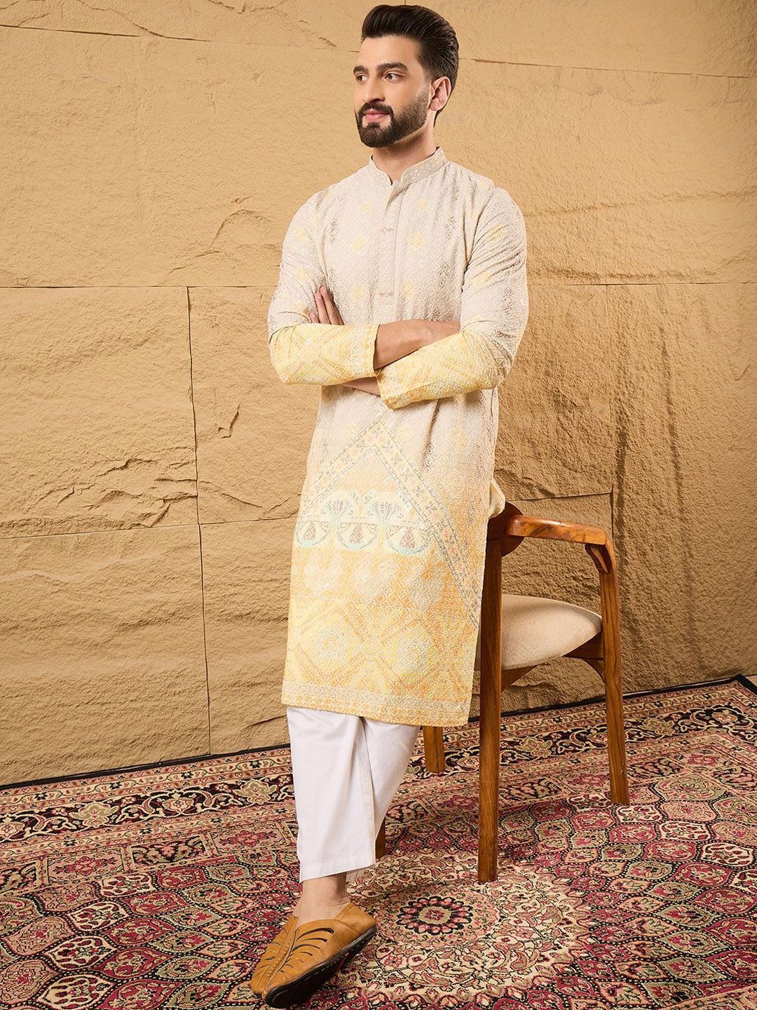 Men Embroidered Straight Kurta with Ethnic Motifs