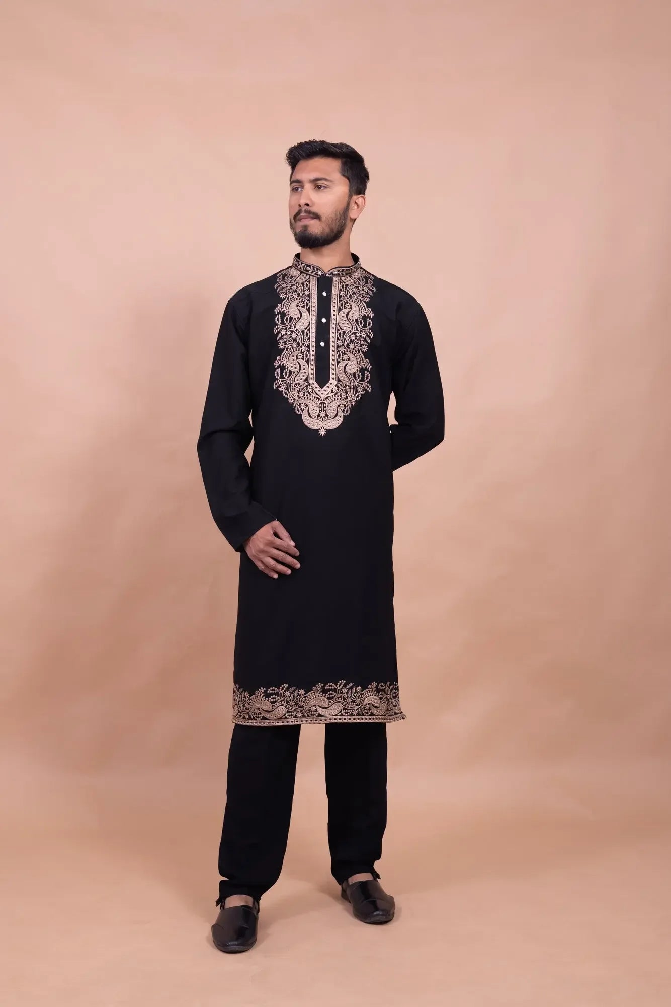Black Designer Kurta Set for Men with Heavy Embroidery - DILBAR KURTA