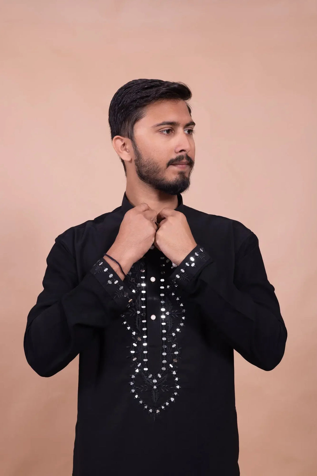 Royal Black Mirror Kurta Set for Men - Designer Work Wear - DILBAR KURTA