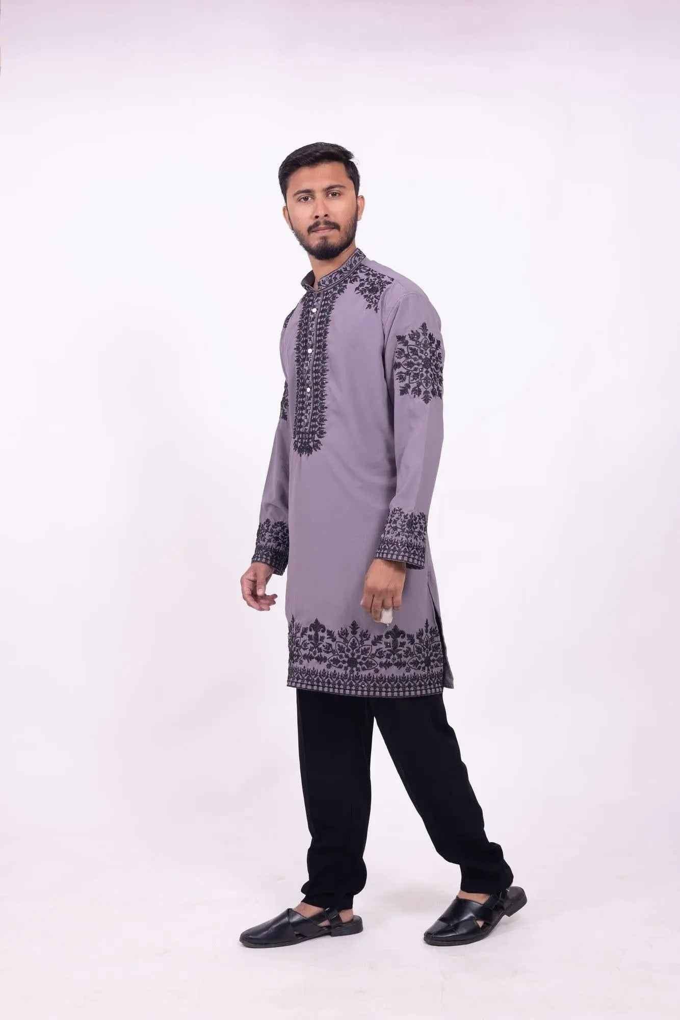 Grey Festive Kurta for Men with Black Embroidery - DILBAR KURTA