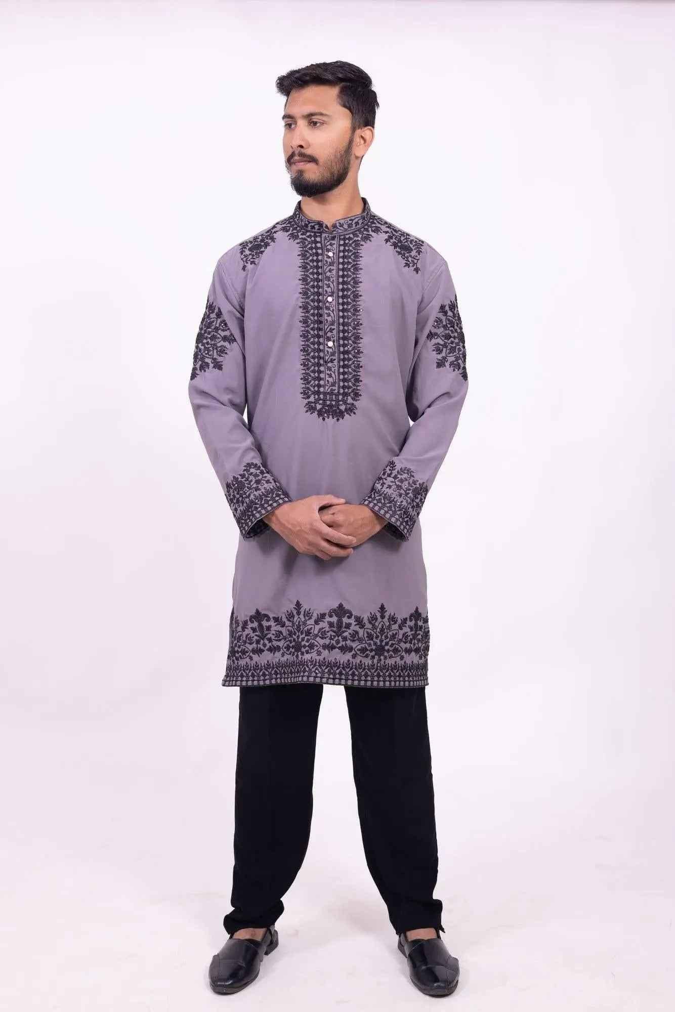 Grey Festive Kurta for Men with Black Embroidery - DILBAR KURTA