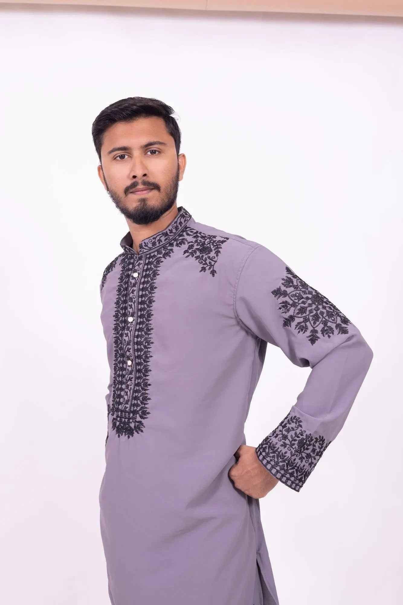 Grey Festive Kurta for Men with Black Embroidery - DILBAR KURTA