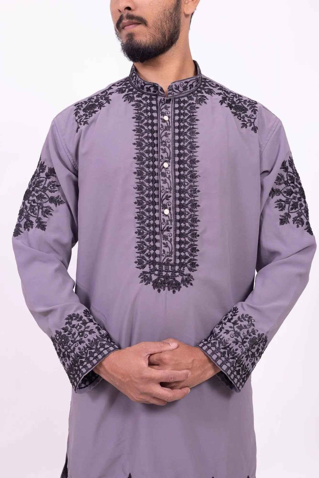 Grey Festive Kurta for Men with Black Embroidery - DILBAR KURTA