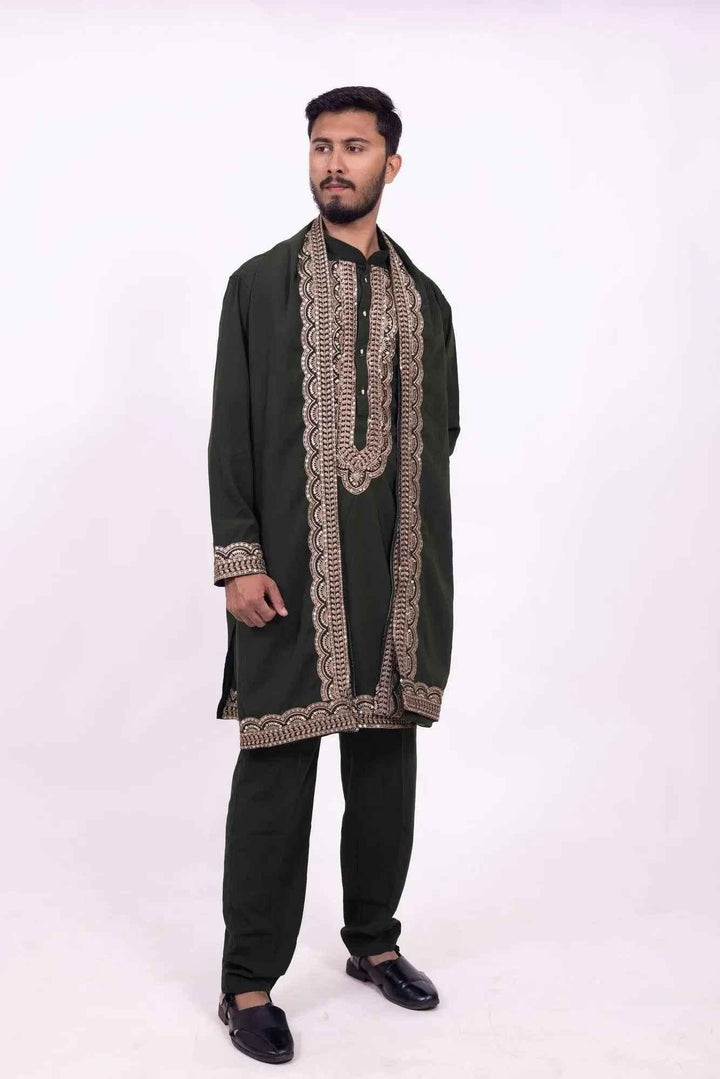 Dark Green Festive Kurta Pyjama for Men with Embroidered Stole - DILBAR KURTA