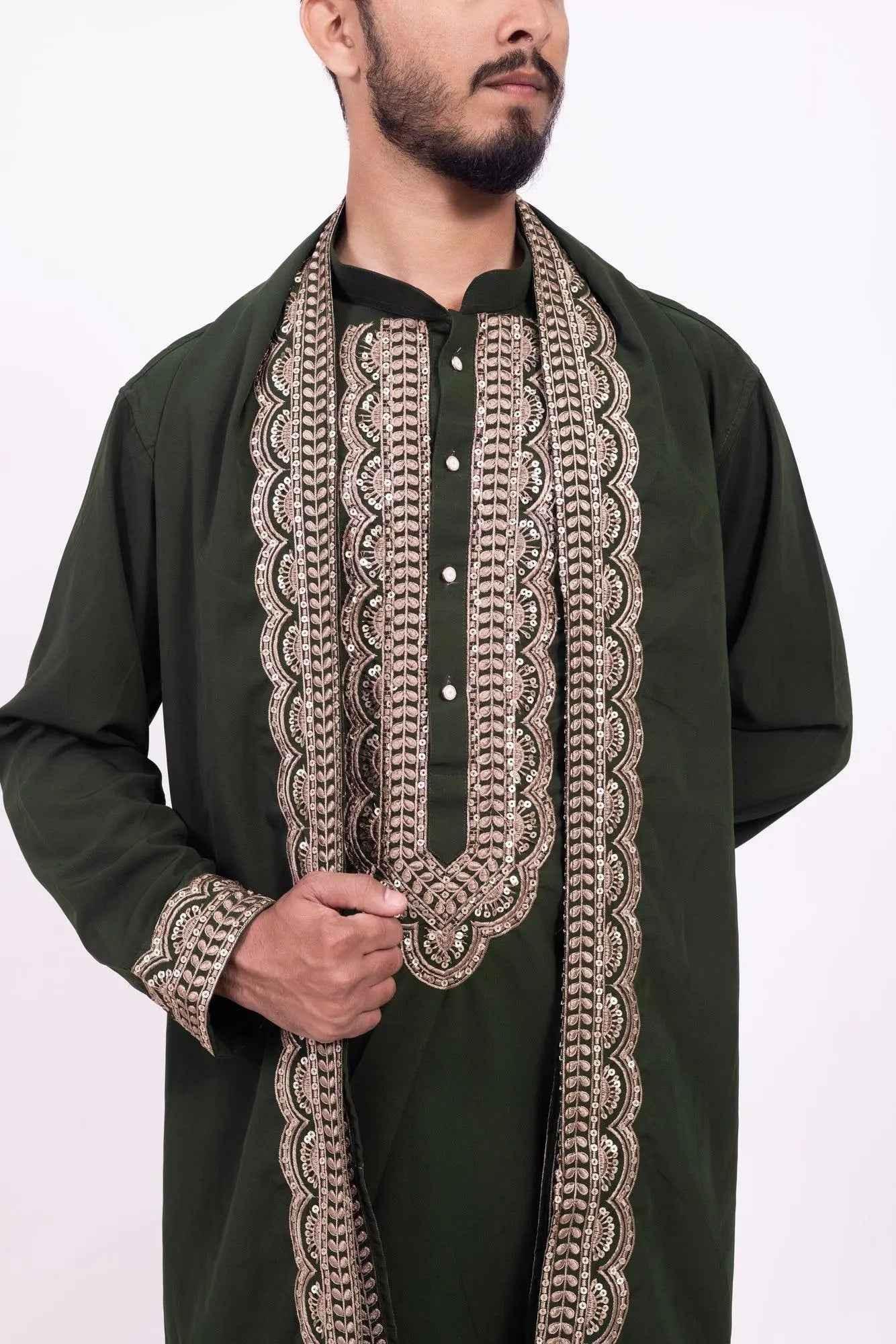 Dark Green Festive Kurta Pyjama for Men with Embroidered Stole - DILBAR KURTA
