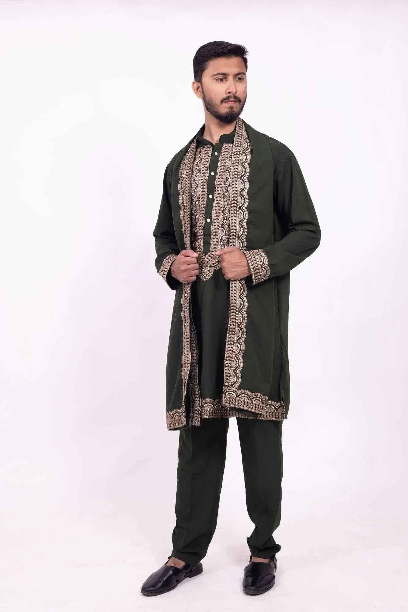 Dark Green Festive Kurta Pyjama for Men with Embroidered Stole - DILBAR KURTA