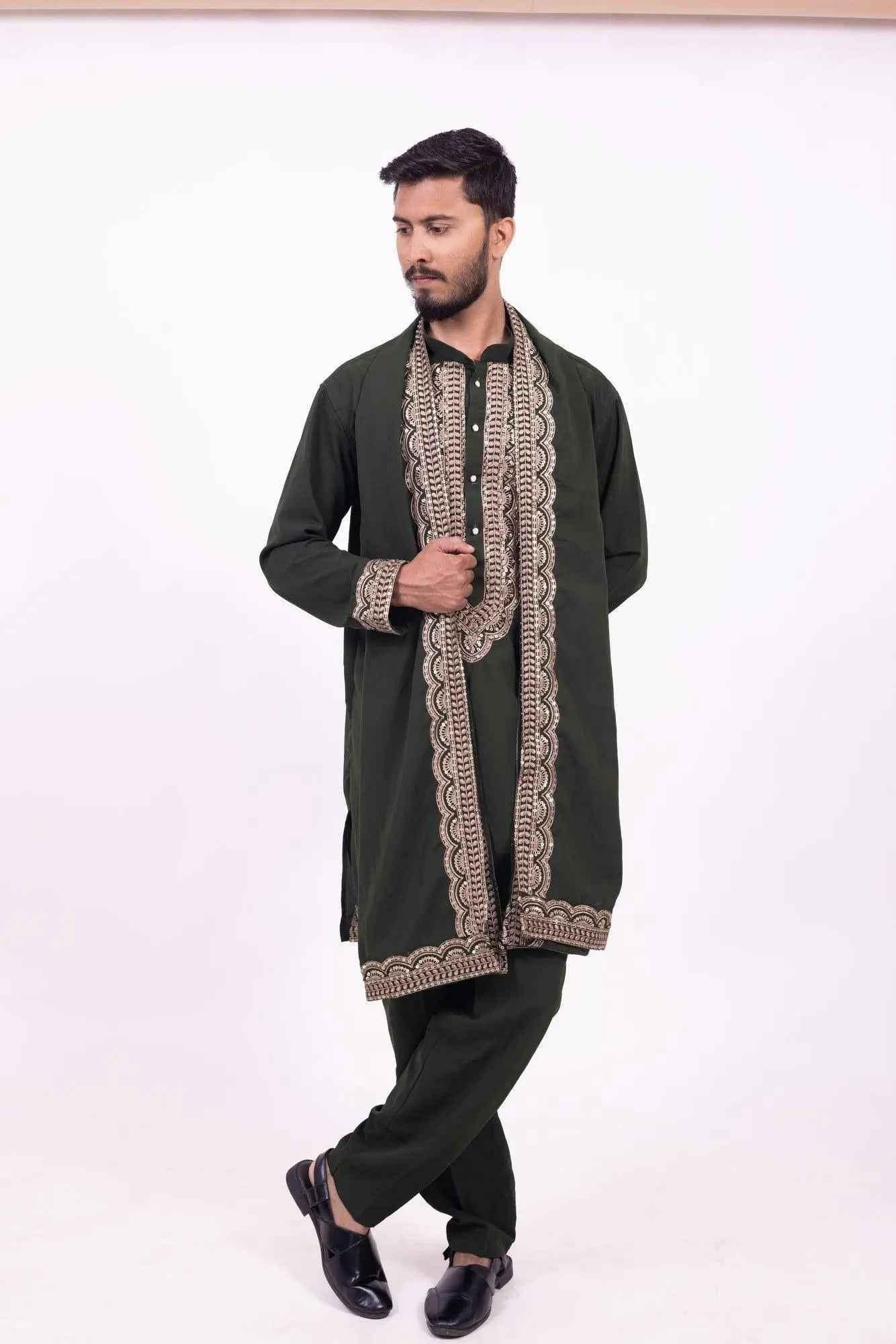 Dark Green Festive Kurta Pyjama for Men with Embroidered Stole - DILBAR KURTA