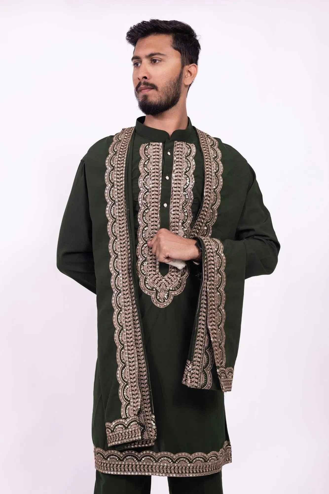 Dark Green Festive Kurta Pyjama for Men with Embroidered Stole - DILBAR KURTA