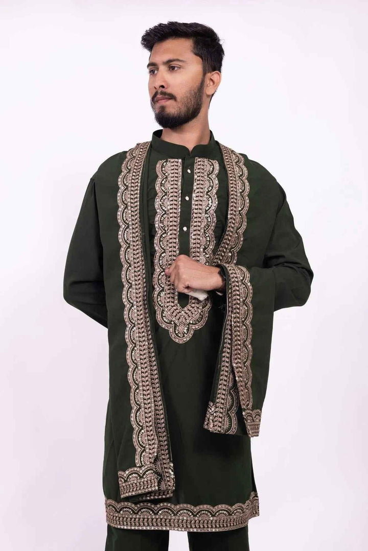 Dark Green Festive Kurta Pyjama for Men with Embroidered Stole - DILBAR KURTA