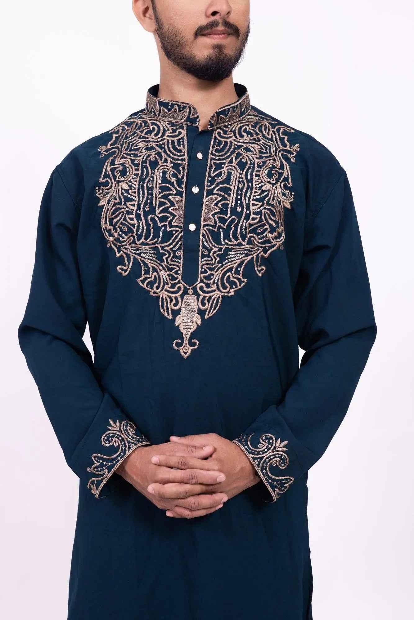 Navy Blue Festive Kurta for Men with Elegant Embroidery - DILBAR KURTA