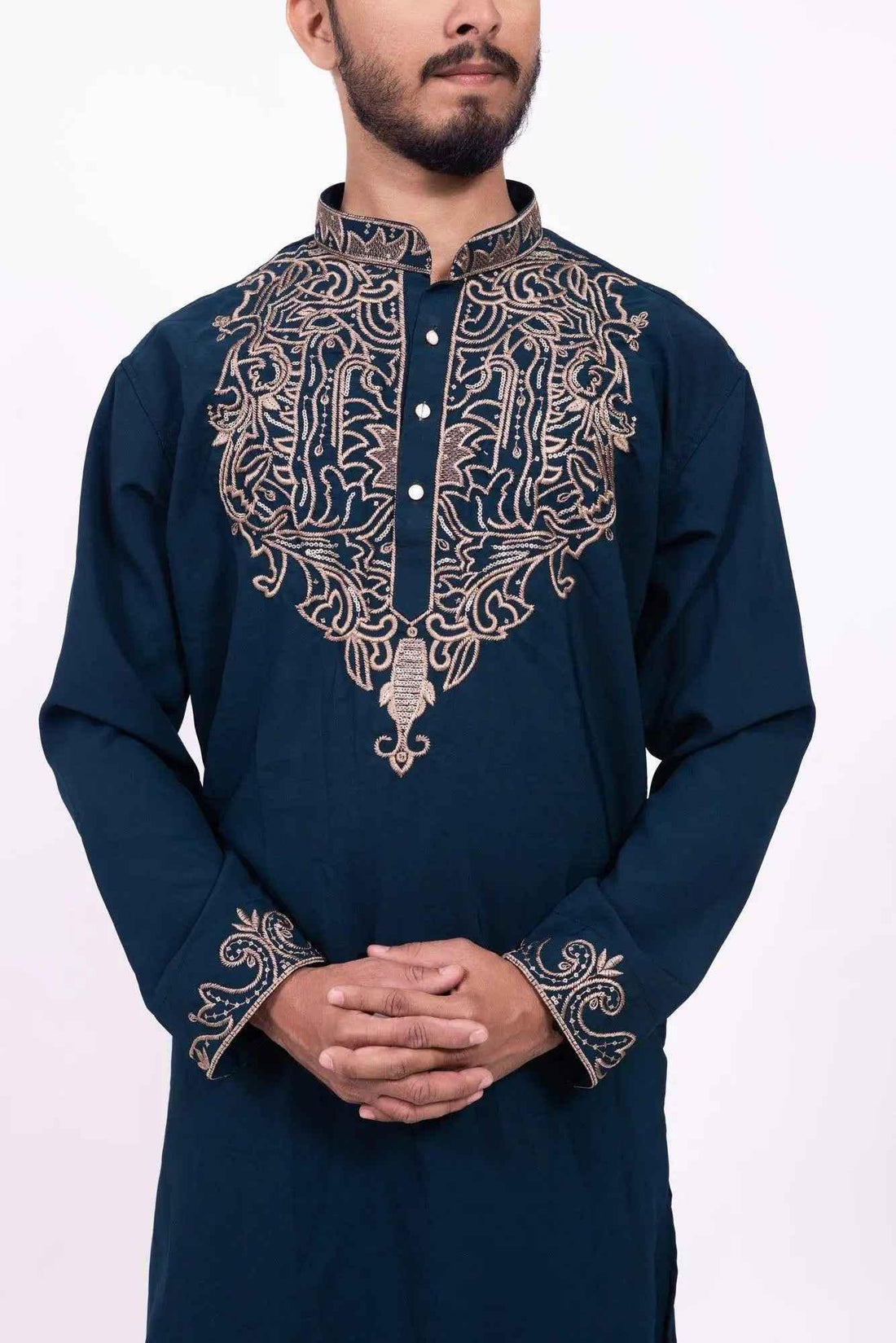 Navy Blue Festive Kurta for Men with Elegant Embroidery - DILBAR KURTA