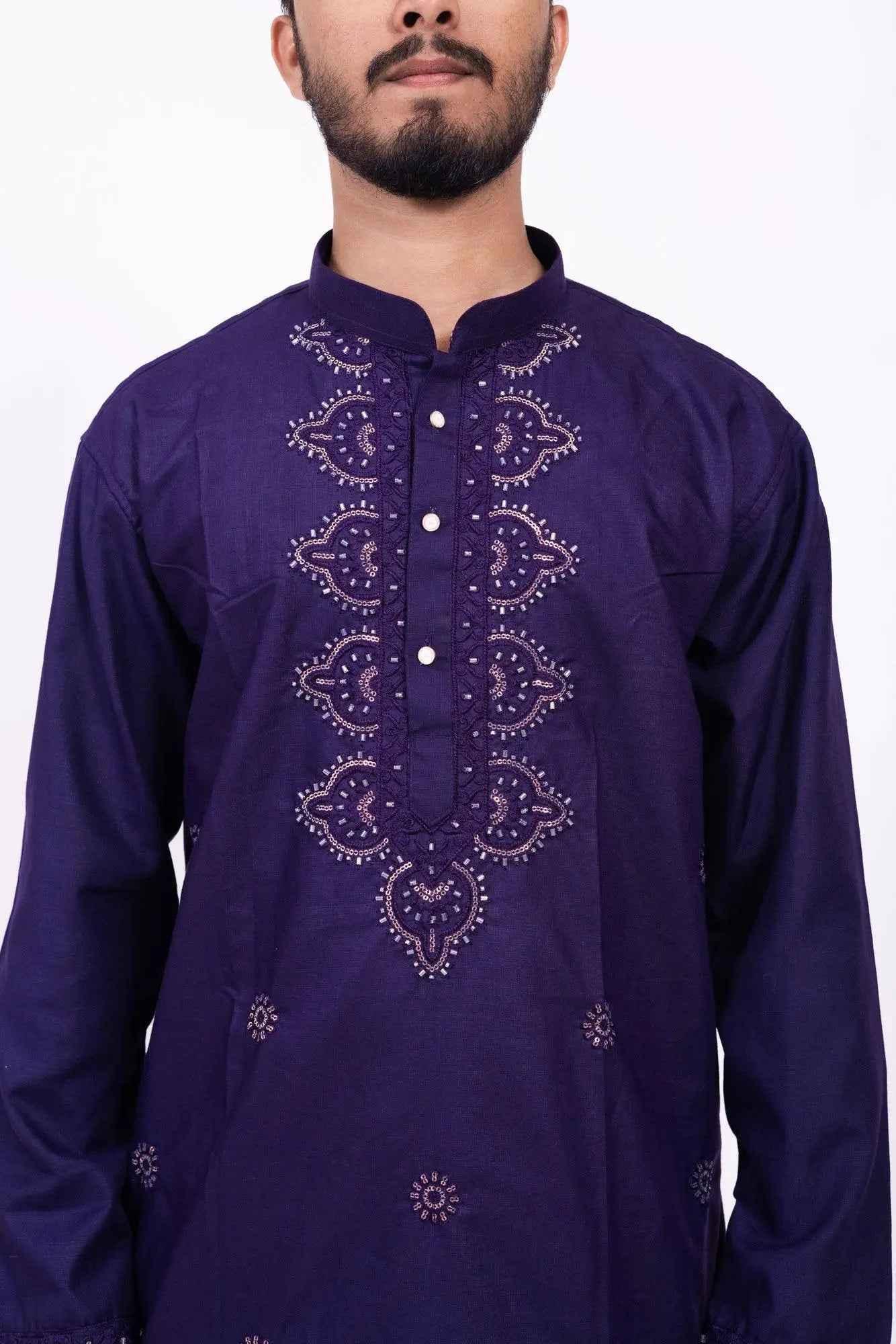 Royal Purple Embroidered Kurta Pyjama Set for Men - DILBAR KURTA