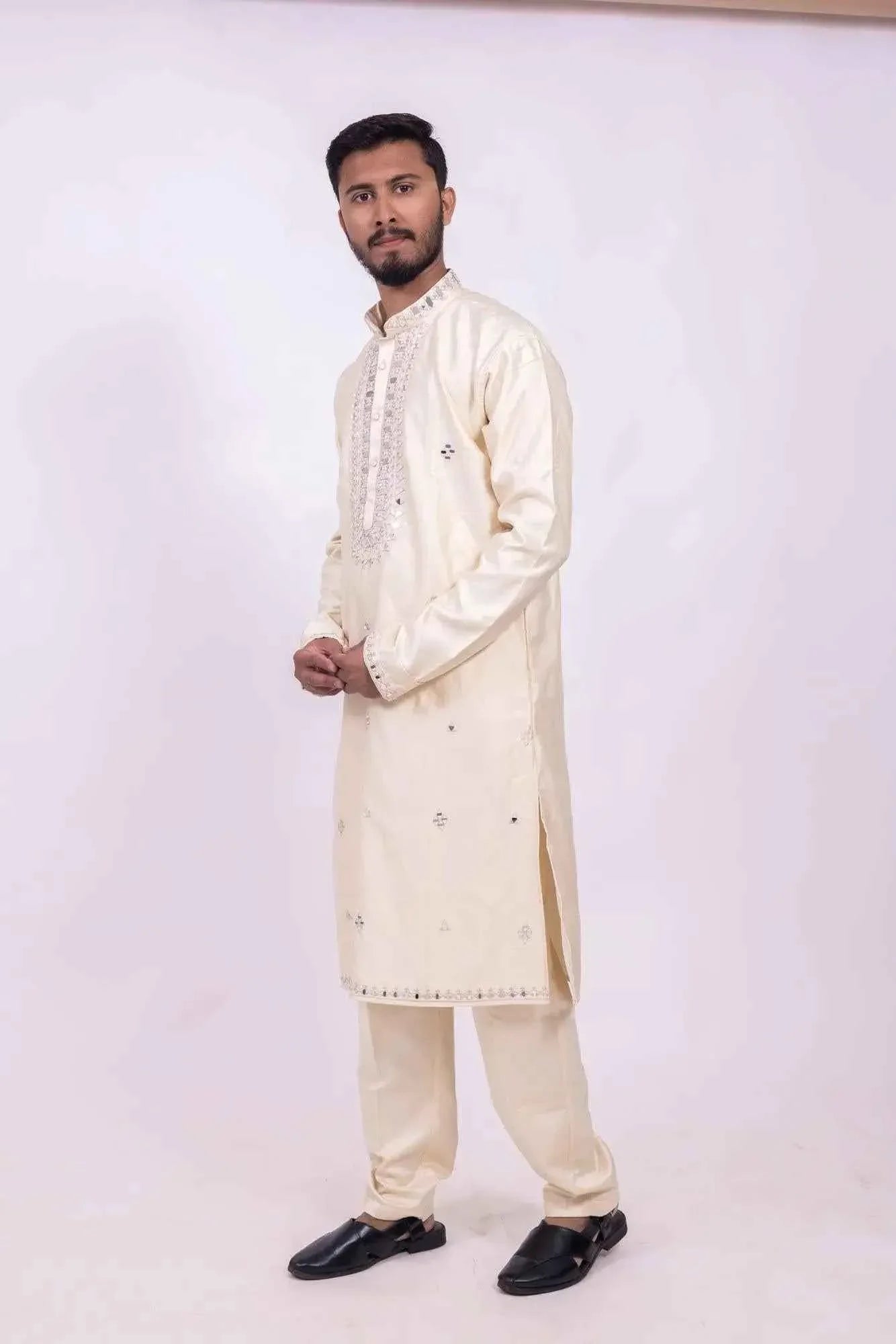 Elegant Cream Kurta Pyjama Set for Men - Embroidered Style - DILBAR KURTA