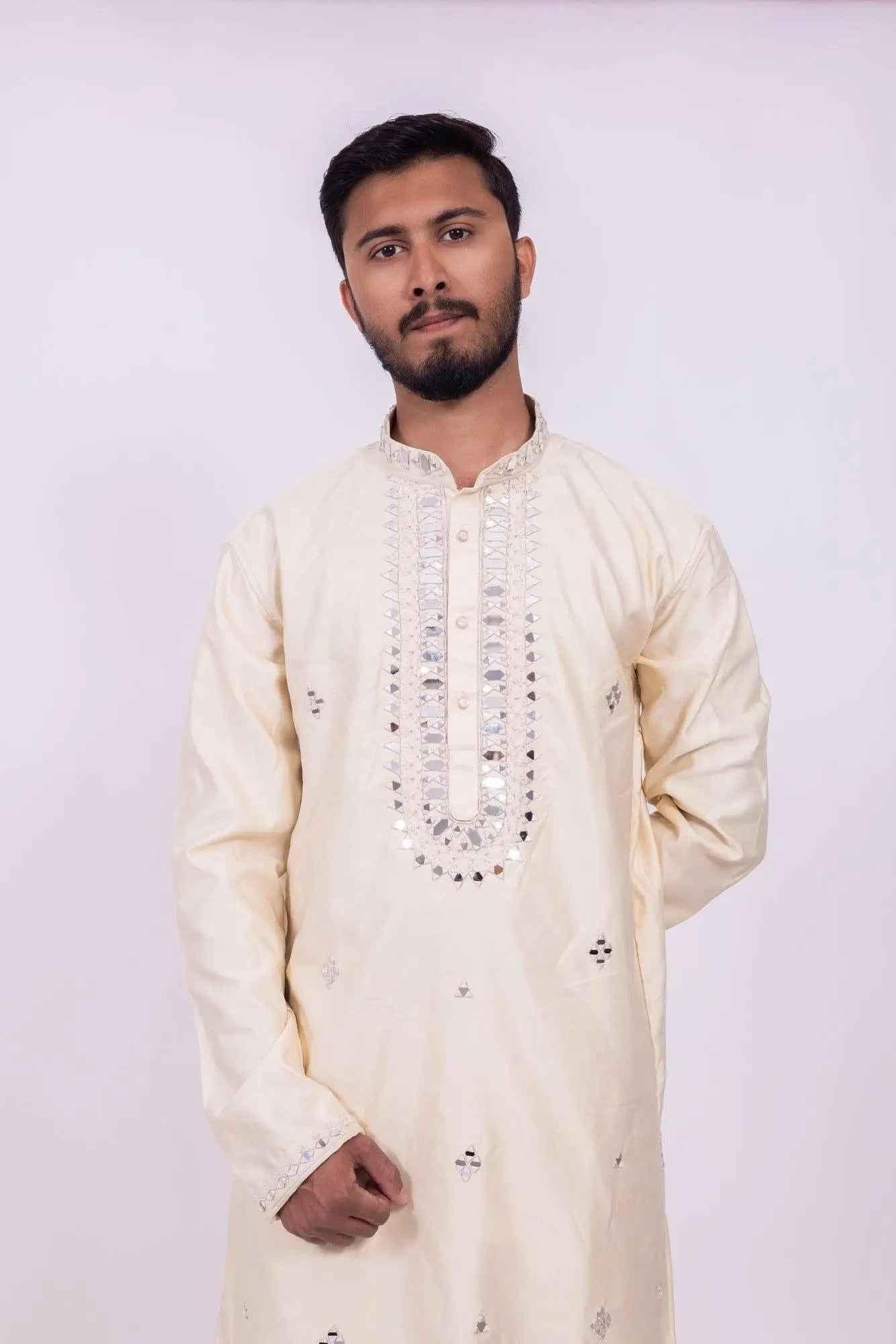 Elegant Cream Kurta Pyjama Set for Men - Embroidered Style - DILBAR KURTA