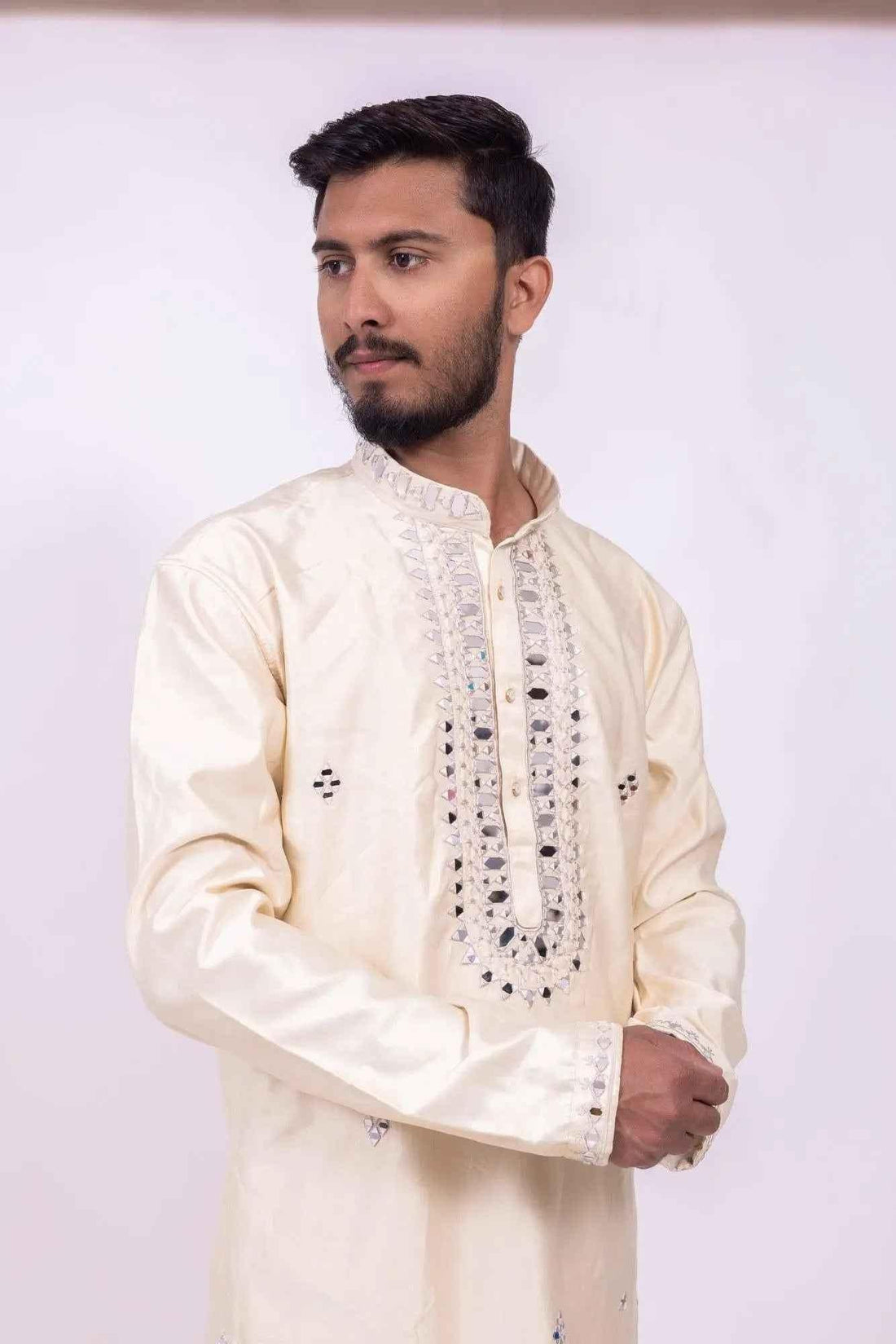 Elegant Cream Kurta Pyjama Set for Men - Embroidered Style - DILBAR KURTA