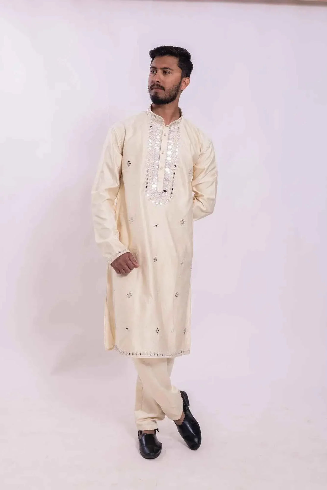 Elegant Cream Kurta Pyjama Set for Men - Embroidered Style - DILBAR KURTA