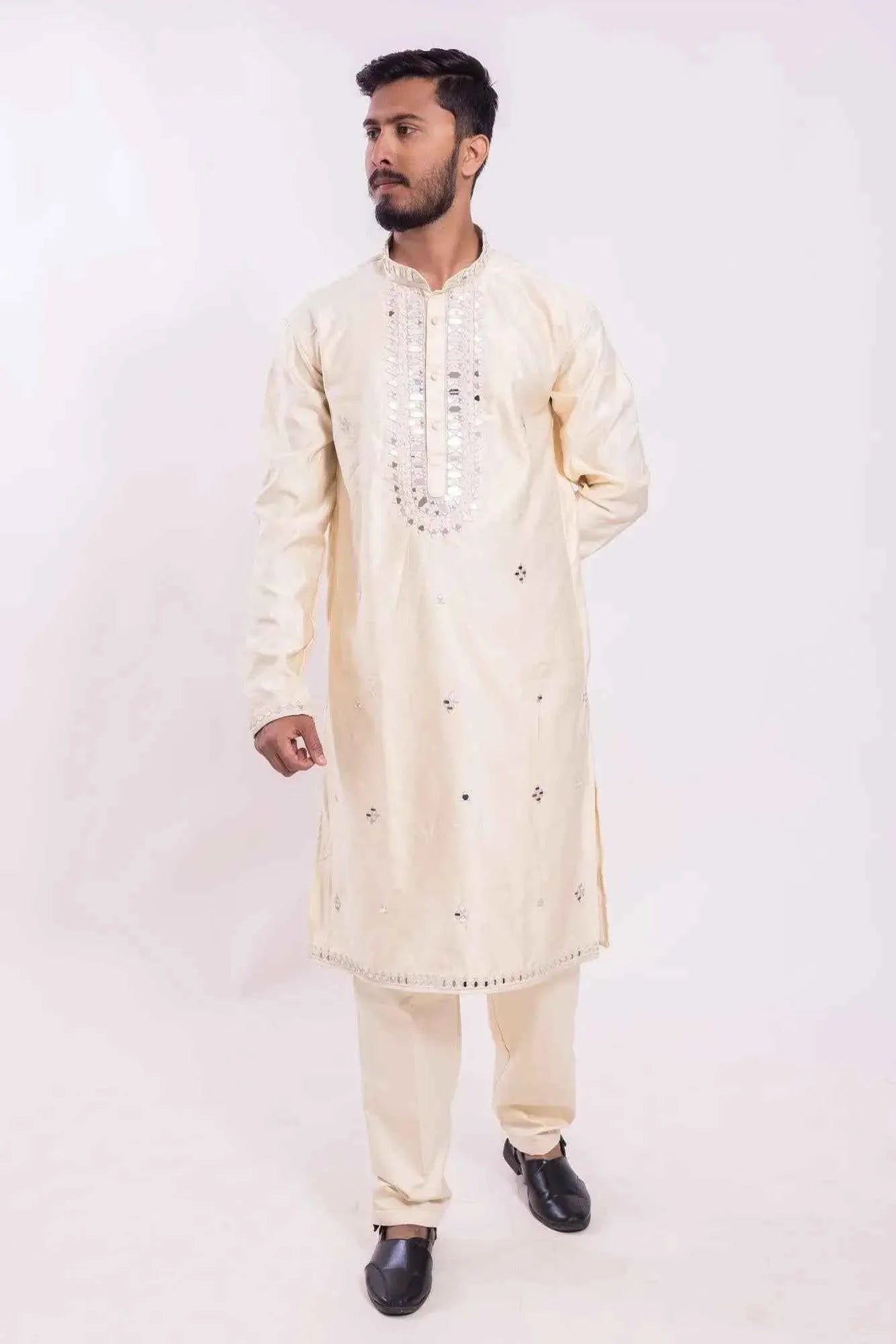 Elegant Cream Kurta Pyjama Set for Men - Embroidered Style - DILBAR KURTA