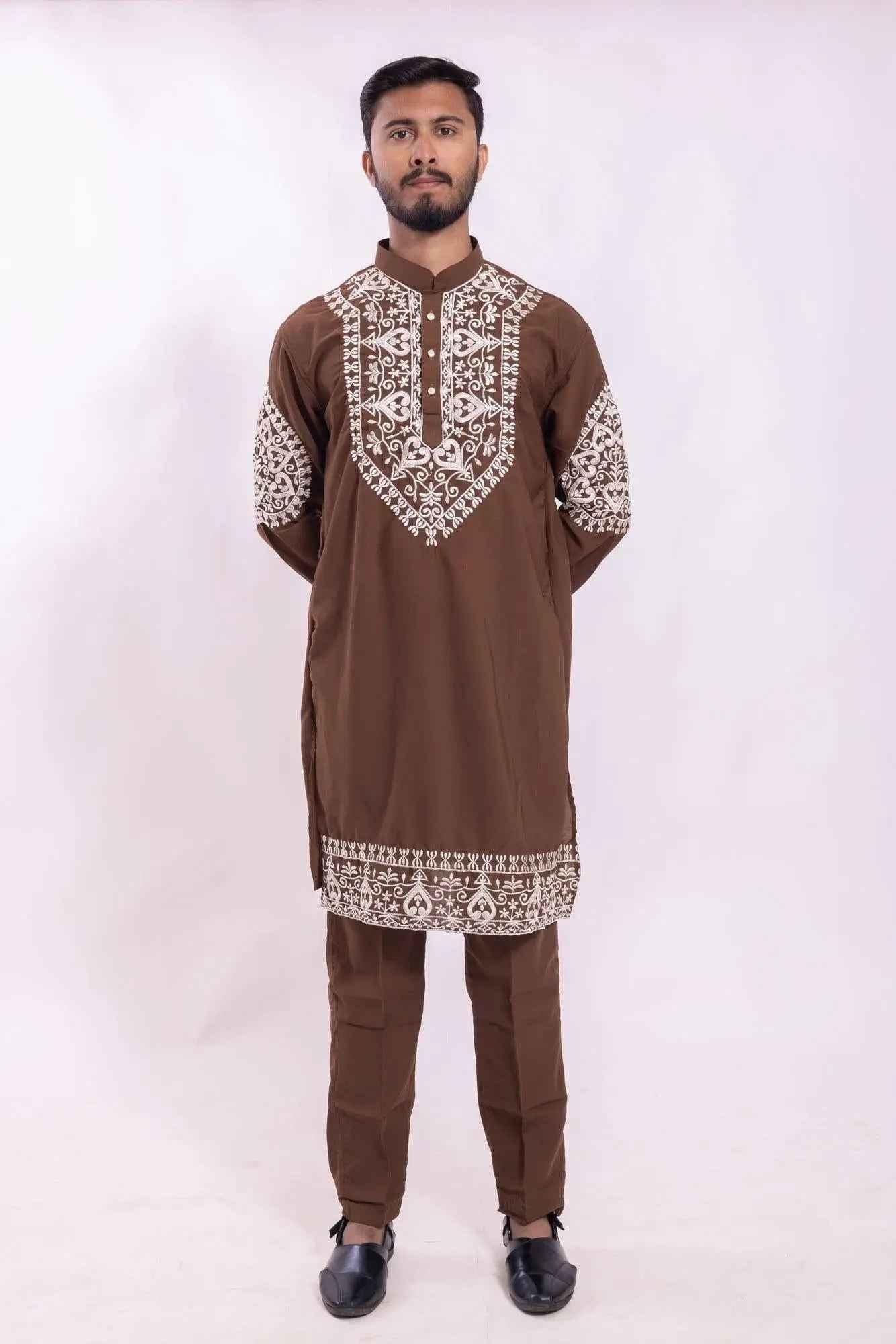 Chocolate Brown Embroidered Festive Kurta Pyjama for Men - DILBAR KURTA