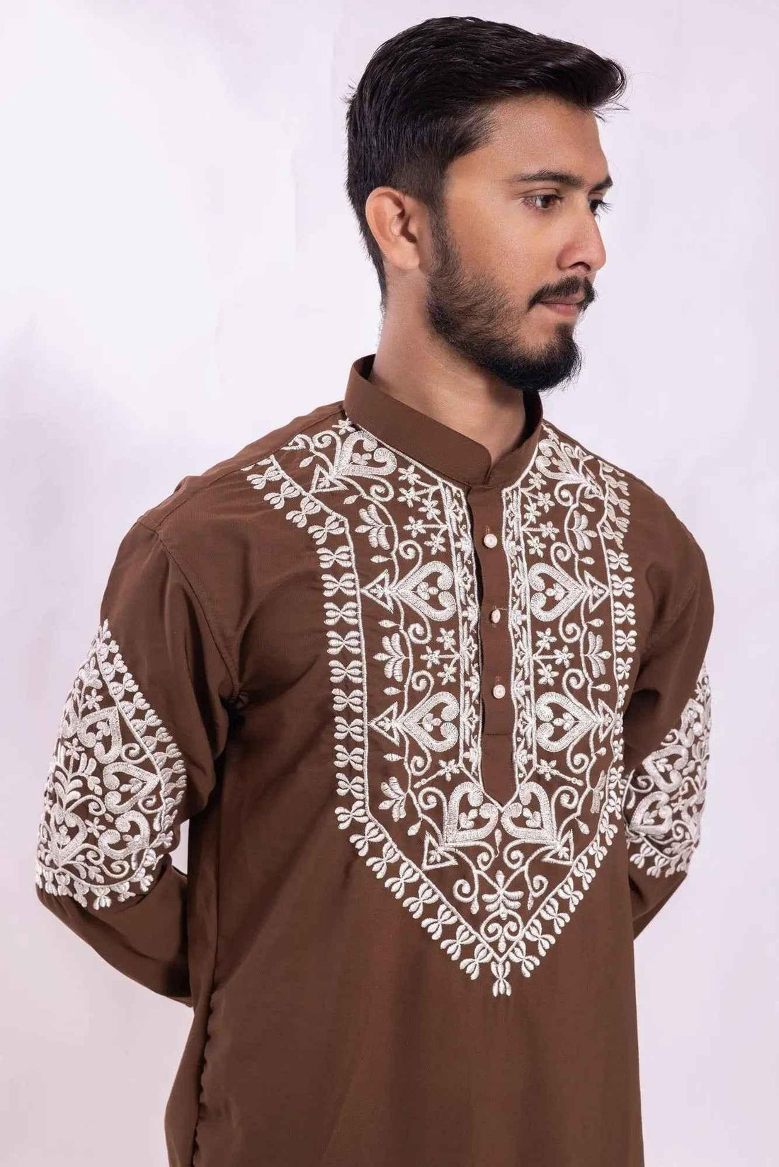 Chocolate Brown Embroidered Festive Kurta Pyjama for Men - DILBAR KURTA