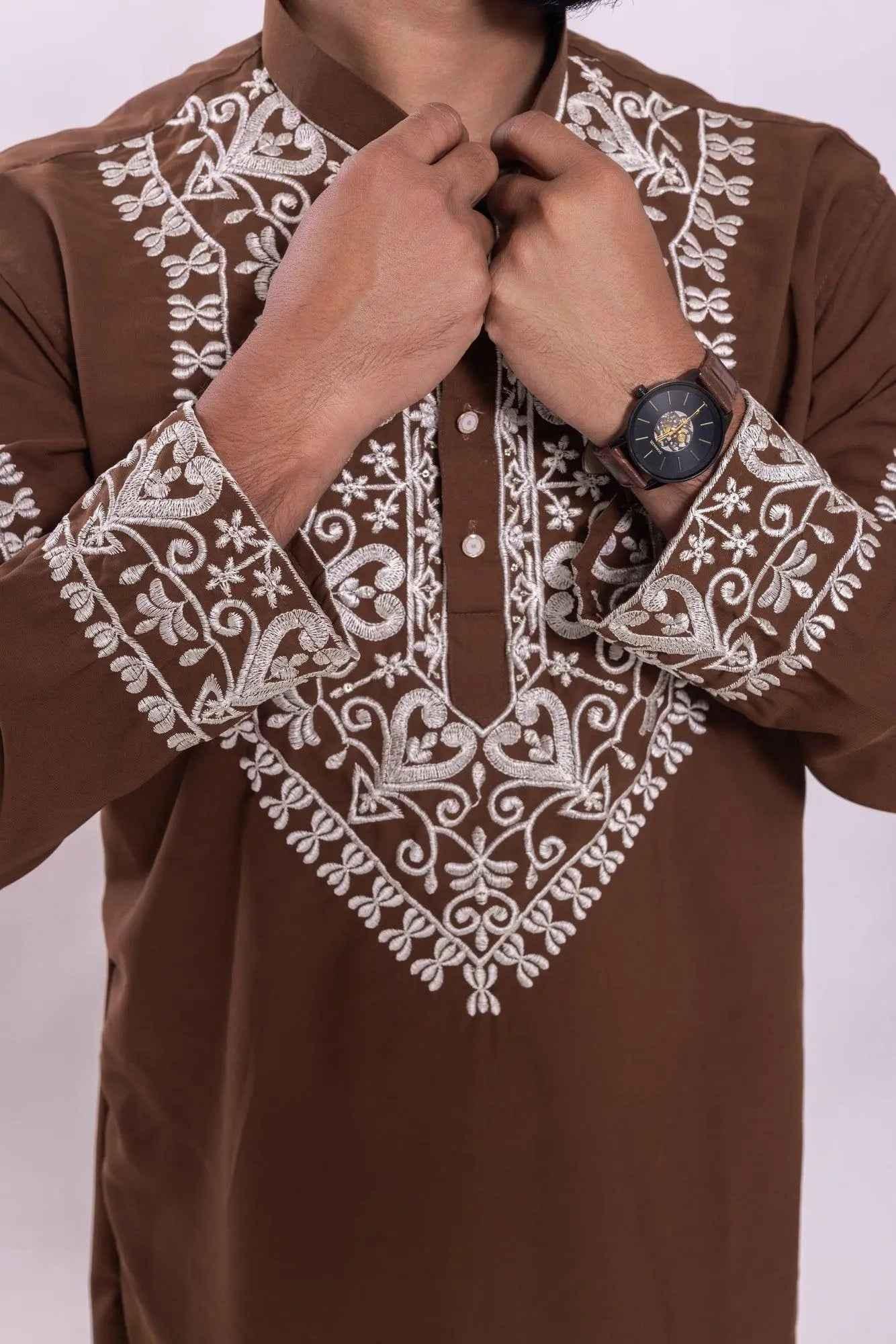 Chocolate Brown Embroidered Festive Kurta Pyjama for Men - DILBAR KURTA