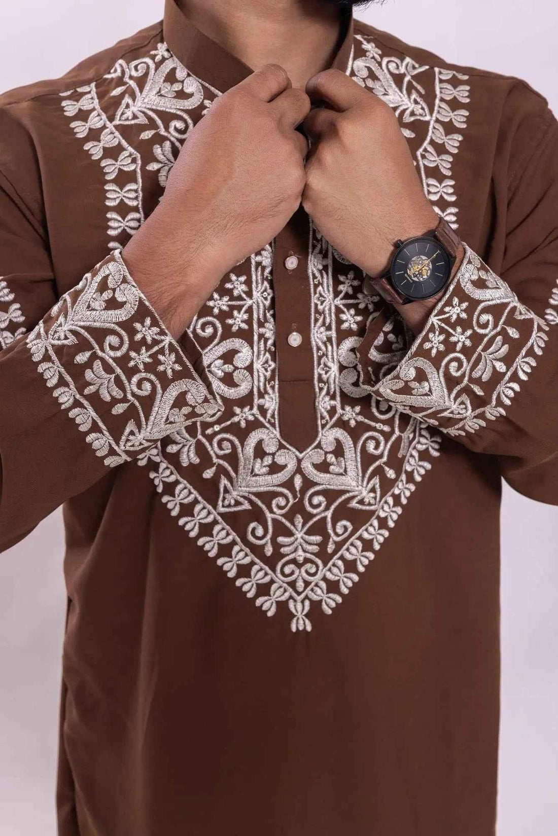 Chocolate Brown Embroidered Festive Kurta Pyjama for Men - DILBAR KURTA