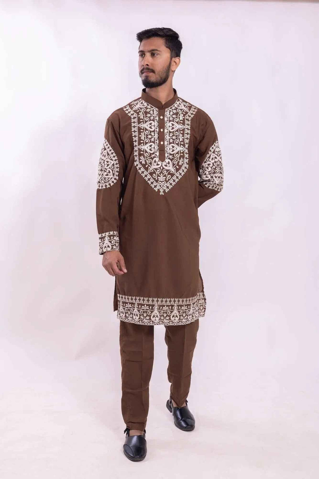 Chocolate Brown Embroidered Festive Kurta Pyjama for Men - DILBAR KURTA