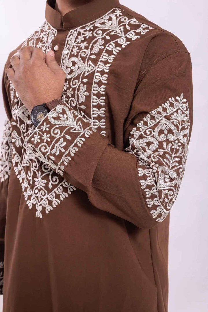 Chocolate Brown Embroidered Festive Kurta Pyjama for Men - DILBAR KURTA