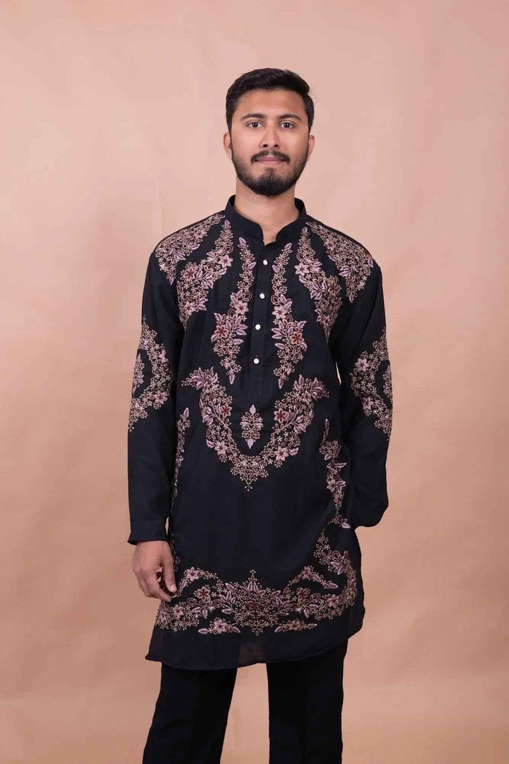 Royal Black Floral Embroidered Kurta Set for Festive Wear - DILBAR KURTA
