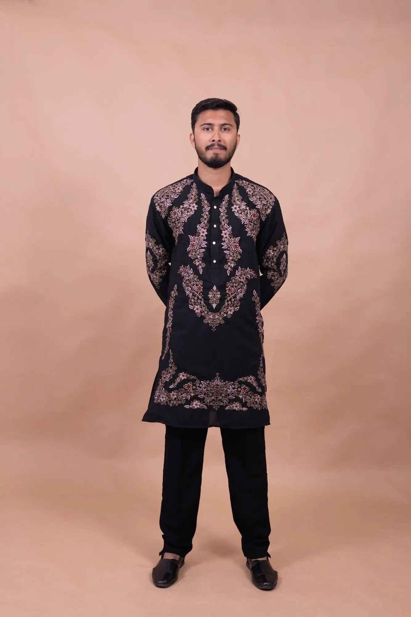 Royal Black Floral Embroidered Kurta Set for Festive Wear - DILBAR KURTA