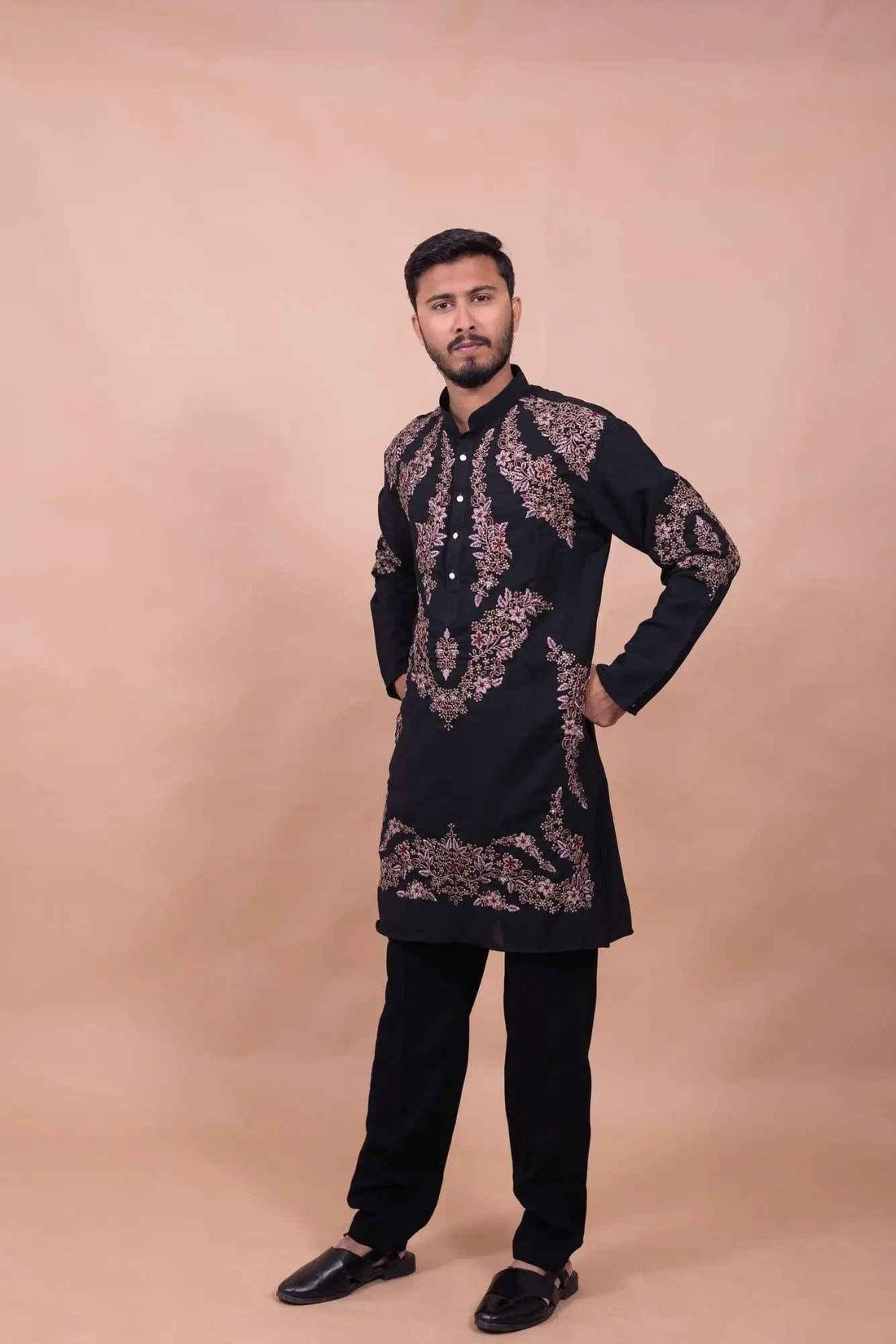 Royal Black Floral Embroidered Kurta Set for Festive Wear - DILBAR KURTA