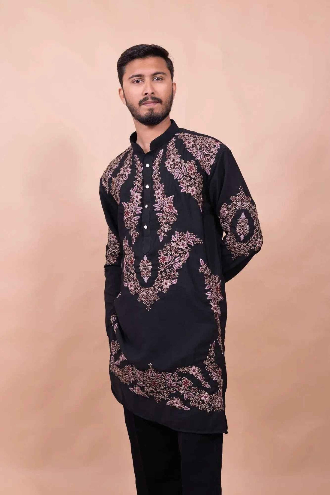 Royal Black Floral Embroidered Kurta Set for Festive Wear - DILBAR KURTA