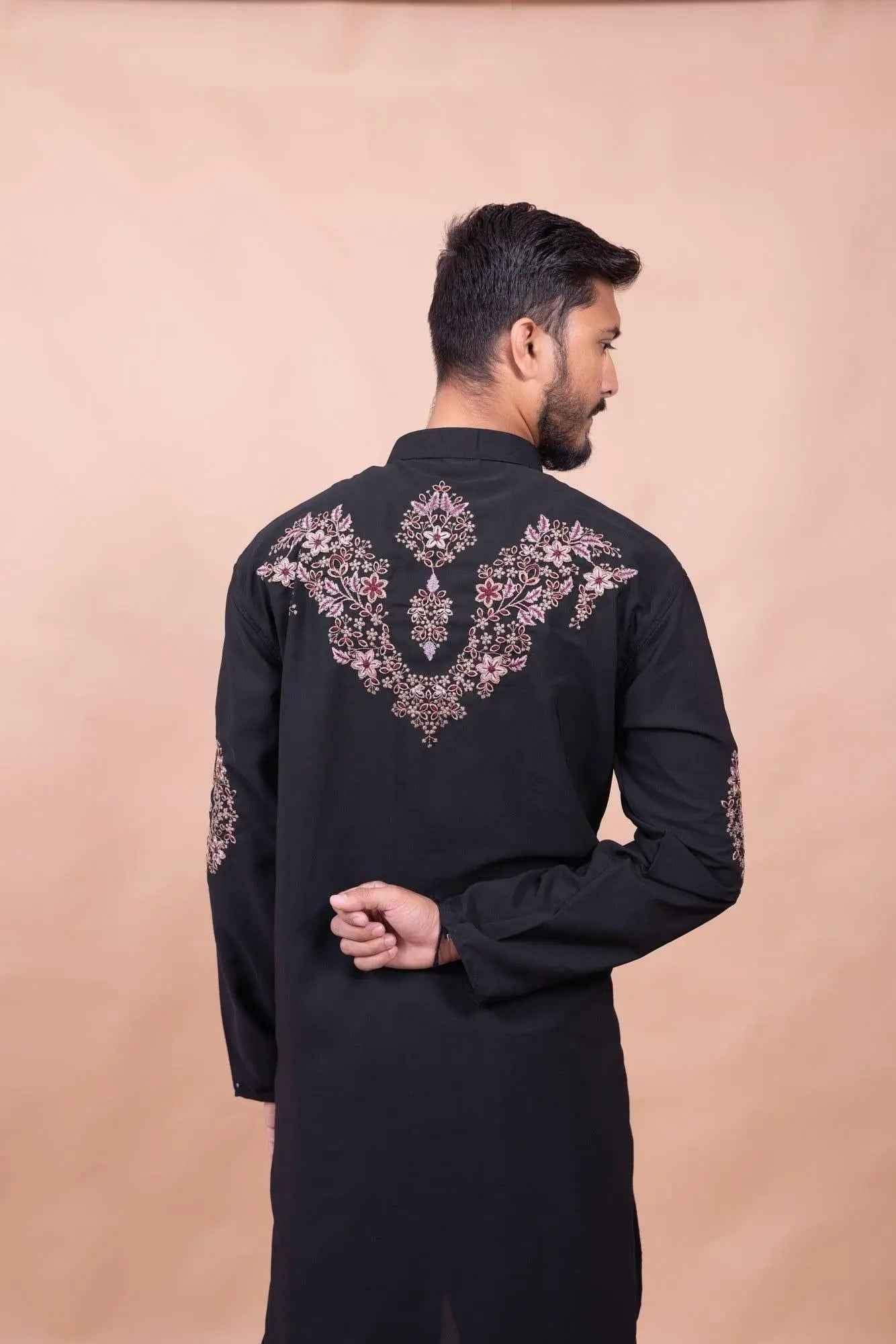 Royal Black Floral Embroidered Kurta Set for Festive Wear - DILBAR KURTA