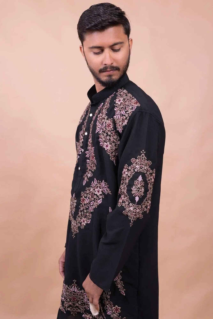 Royal Black Floral Embroidered Kurta Set for Festive Wear - DILBAR KURTA