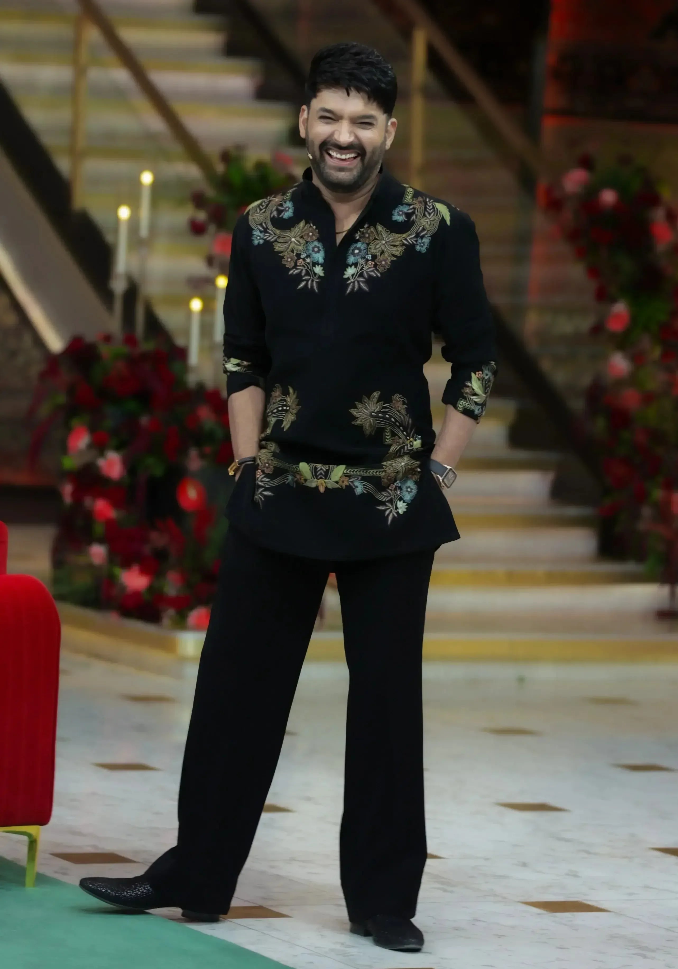 Elegant Black Kapil Sharma Ethnic Kurta with Rich Floral Work - DILBAR KURTA