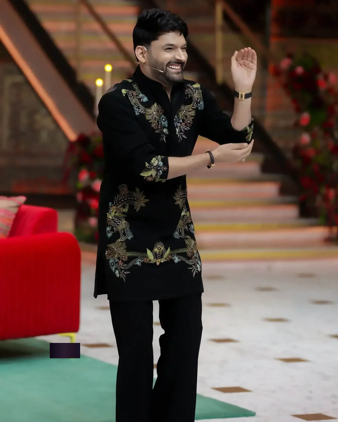 Elegant Black Kapil Sharma Ethnic Kurta with Rich Floral Work