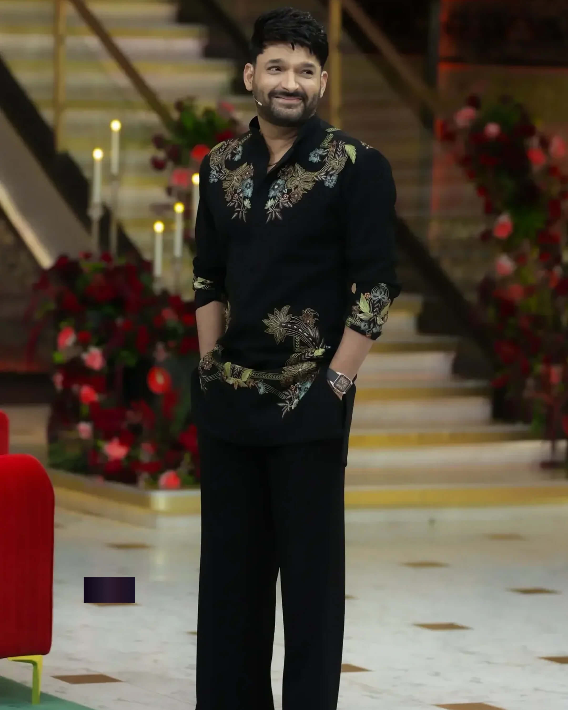 Elegant Black Kapil Sharma Ethnic Kurta with Rich Floral Work