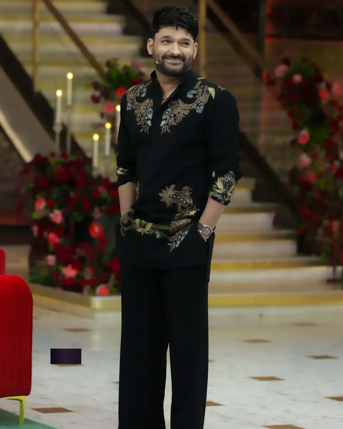Elegant Black Kapil Sharma Ethnic Kurta with Rich Floral Work
