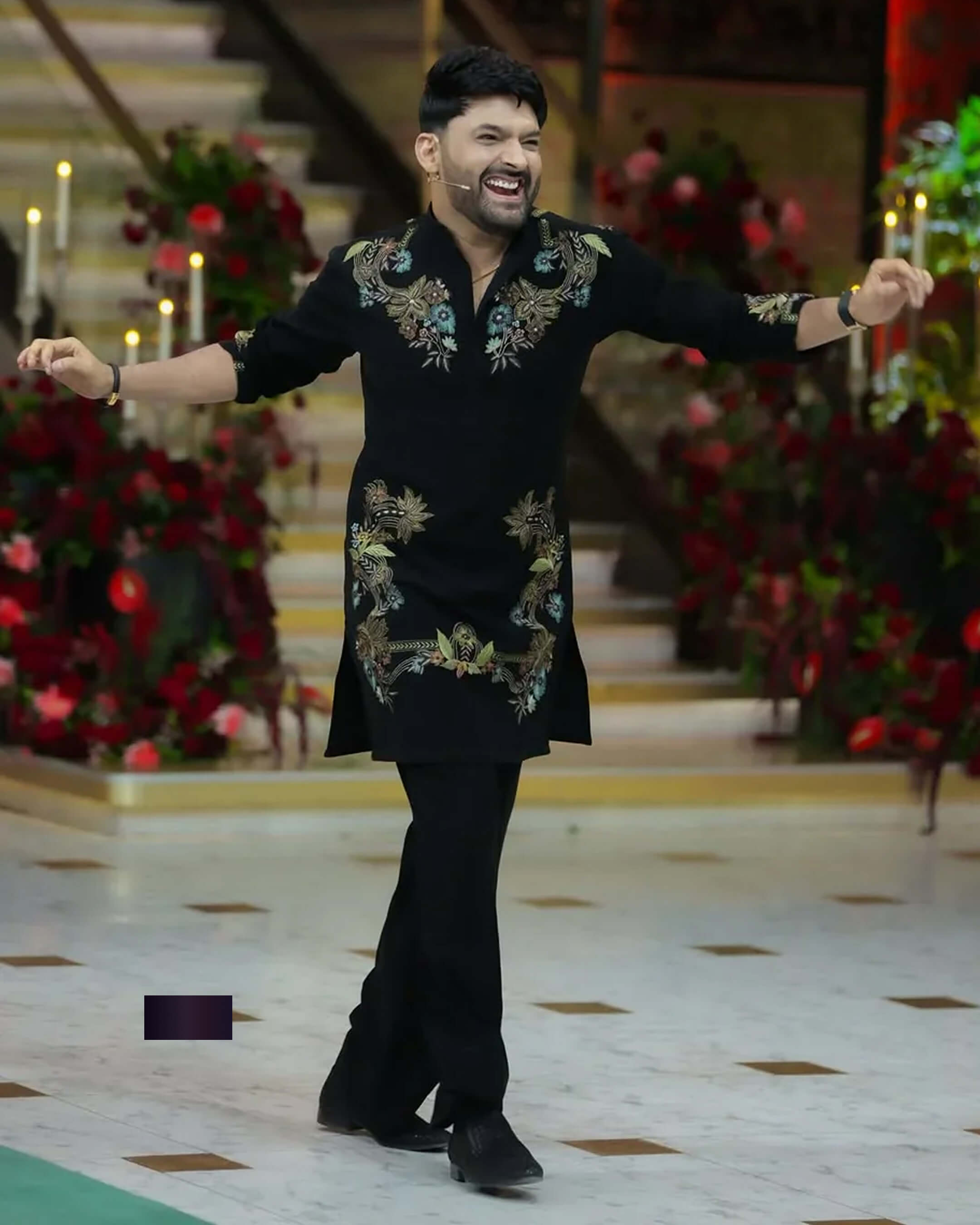 Elegant Black Kapil Sharma Ethnic Kurta with Rich Floral Work