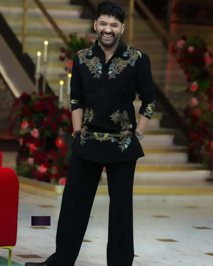 Elegant Black Kapil Sharma Ethnic Kurta with Rich Floral Work