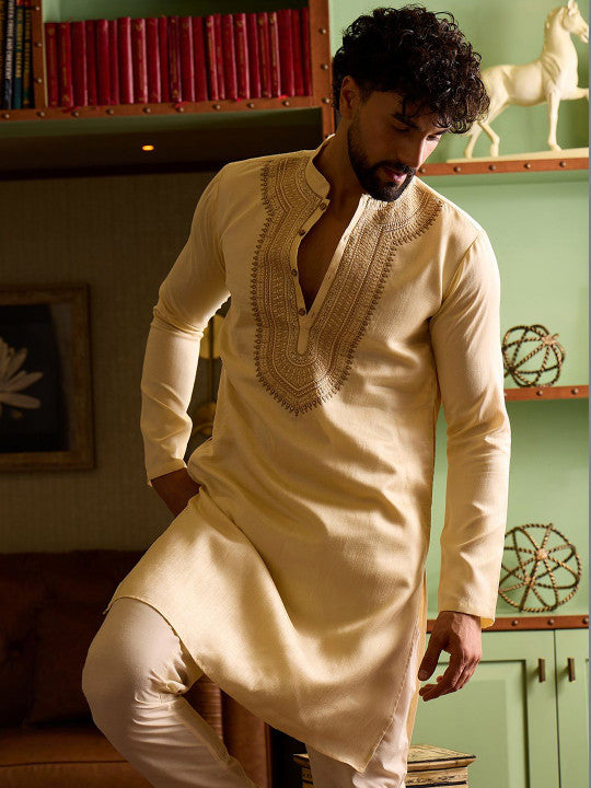 Men Embroidered Straight Kurta with Ornate Yoke Detailing