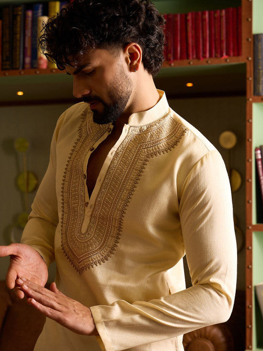 Men Embroidered Straight Kurta with Ornate Yoke Detailing
